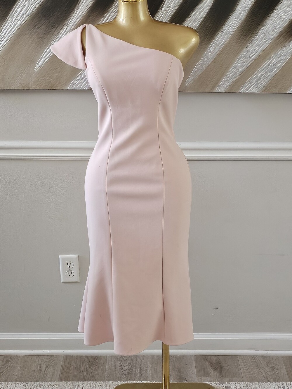 Vince Camuto Womens Size 0 Blush Pink One Shoulder Ruffle Midi Dress Formal